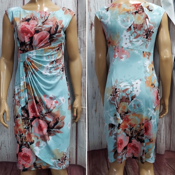 Connected Apparel Floral Print Ruched Wrap Look Midi Dress - Picture 3 of 14